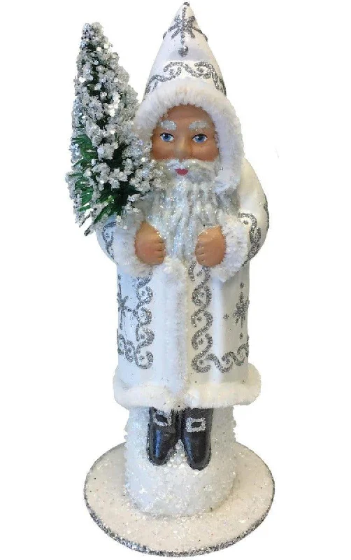 Ino Schaller Paper Mache Santa In White & Silver Coat Candy Container Christmas Decoration