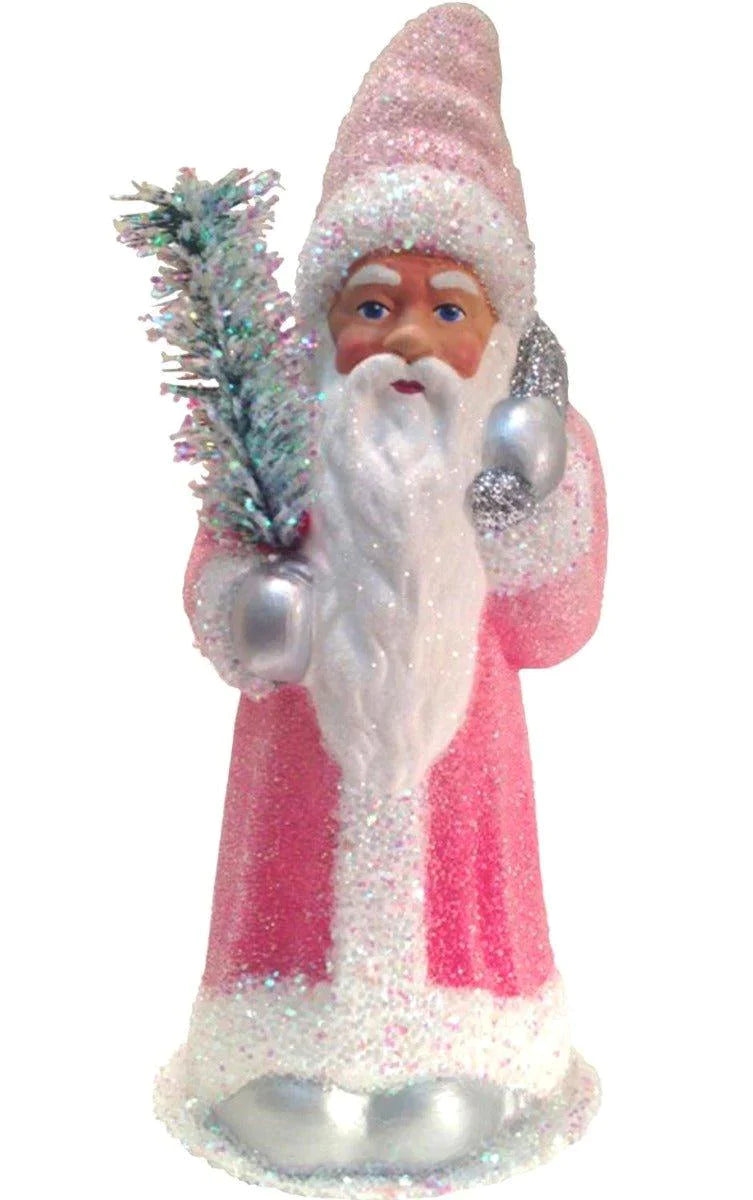 Ino Schaller Paper Mache Santa With Pink Glitter Coat Candy Container Christmas Decoration