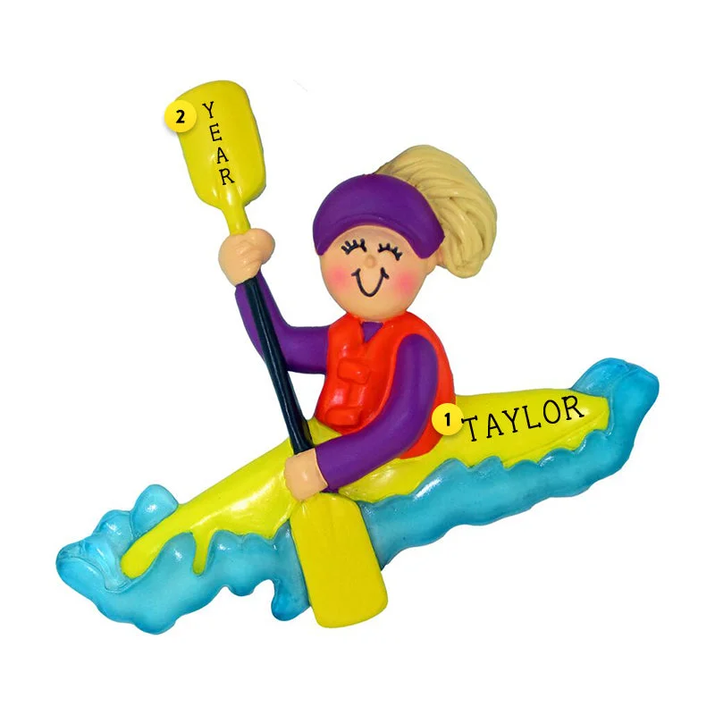 Personalized Kayak Ornament - Female, Blonde Hair