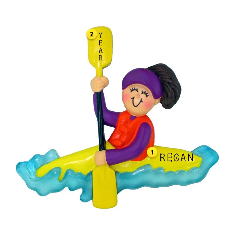 Personalized Kayak Ornament - Female, Brown Hair