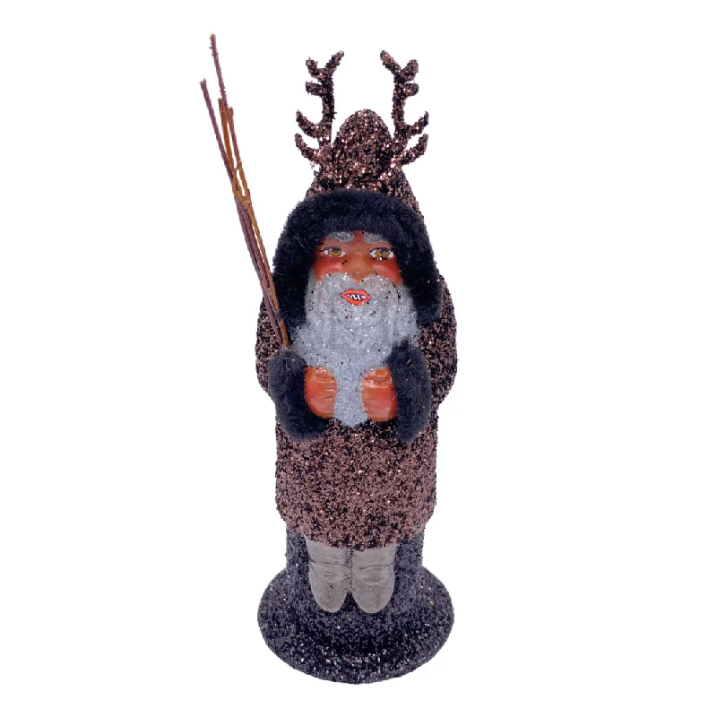 Krampus with Switches, Paper Mache Figure, bronze glitter with black chenille trim, by Ino Schaller