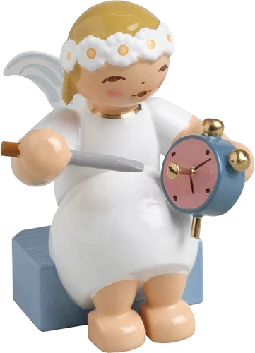 Marguerite Sitting Angel with Alarm Clock Wooden Figurine by Wendt und Kuhn