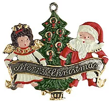 Merry Christmas with Santa and Angel, Painted on Both Sides Pewter Ornament by Kuehn Pewter