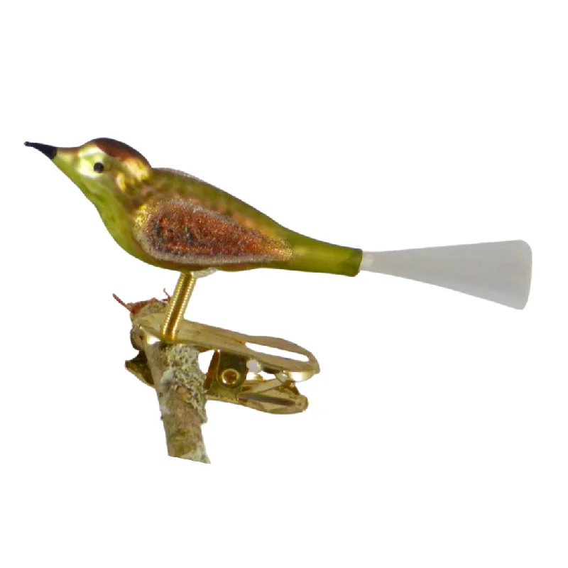 Mini Bird with spun glass tail, green and brown by Glas Bartholmes