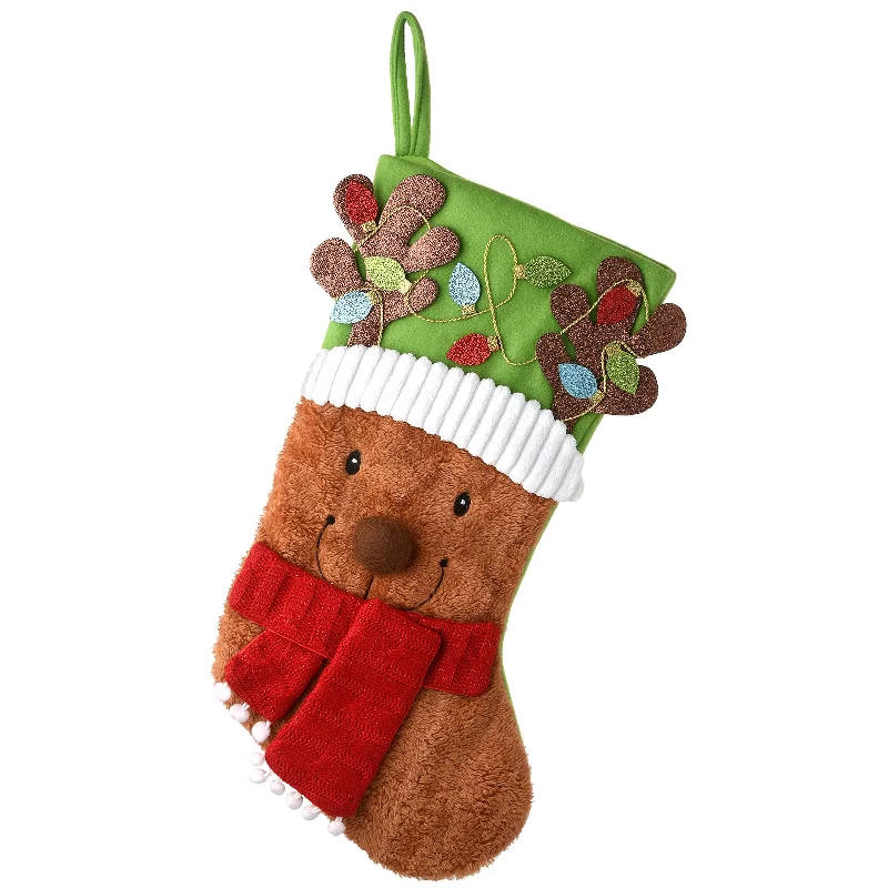 20 in. Be Merry Collection Novelty Teddy Bear Christmas Stocking, Red Scarf and Green Hat