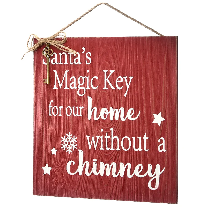 10 in. Santa's Key Door Christmas Sign, Red with White Lettering and Decorative Ornate Key, Stars and Snowflakes