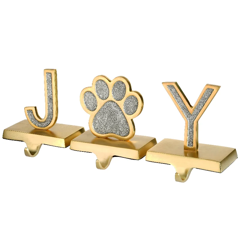 5 in. 3-Piece Silver Sparkle JOY Christmas Stocking Holders, Silver and Gold with Paw Print