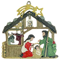 Nativity with Bull and Donkey, Painted on Both Sides Pewter Ornament by Kuehn Pewter