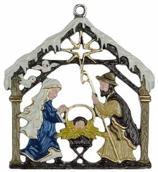 Nativity with Holy Family and Birds, Painted on Both Sides Pewter Ornament by Kuehn Pewter