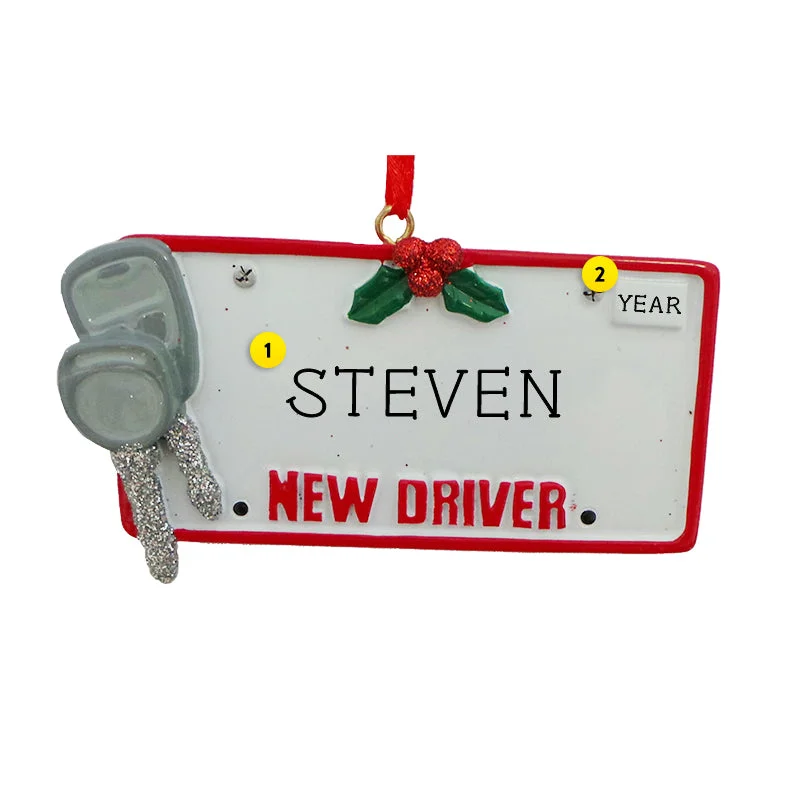 Personalized New Driver License Plate with Keys Ornament