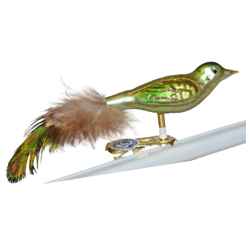 Mini Bird with feather tail, olive green by Glas Bartholmes