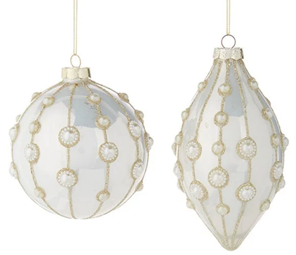 4" Pearl Embellished White Glass Christmas Ornament