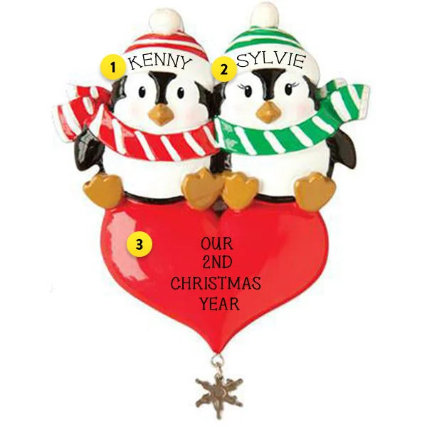 Personalized Penguin Couple Sitting on Heart Ornament