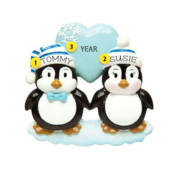 Personalized Penguin Couple with Blue Heart Ornament