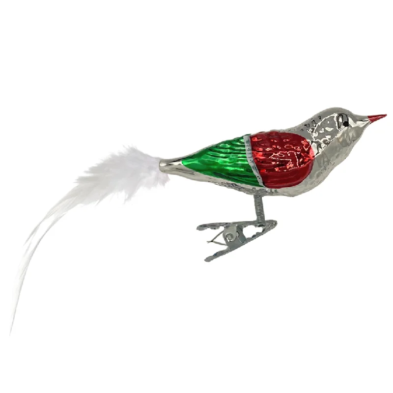 Bird with feather tail, silver, red and green by Glas Bartholmes