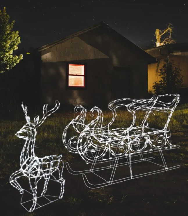 2-Piece Pure White Twinkling LED Sleigh and Elegant Buck Wire Sculpture Set