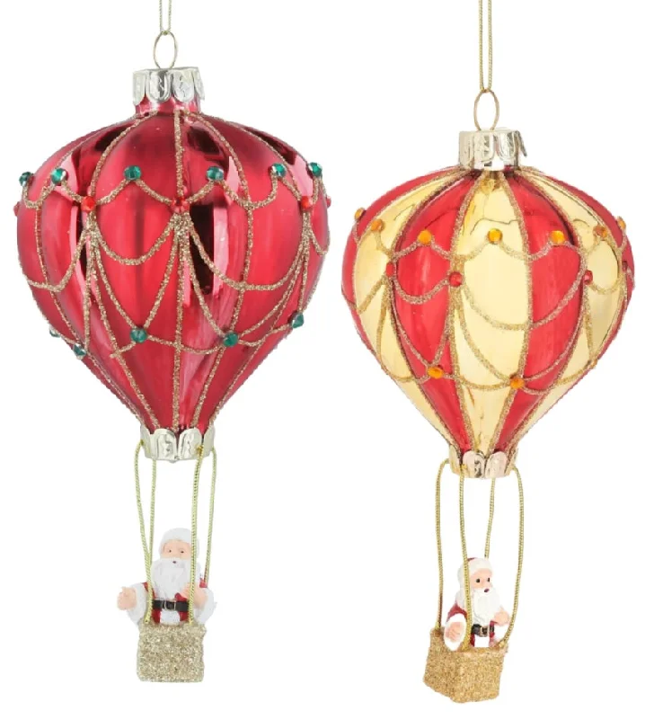 5.5" Red and Gold Glass Santa in a Hot Air Balloon Ornament