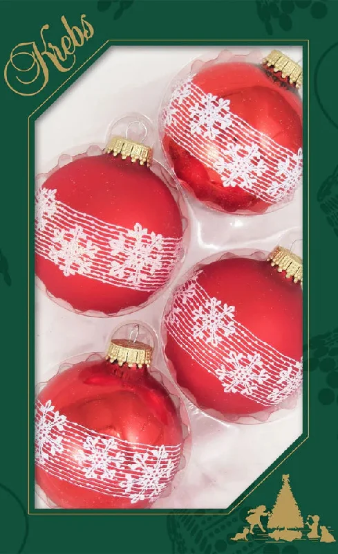 Set of 4 Red & White Snowflake Christmas Ball Ornaments