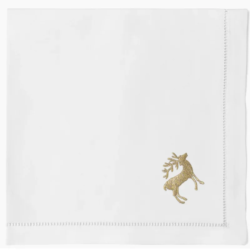 White Cotton Gold Reindeer Dinner Napkins