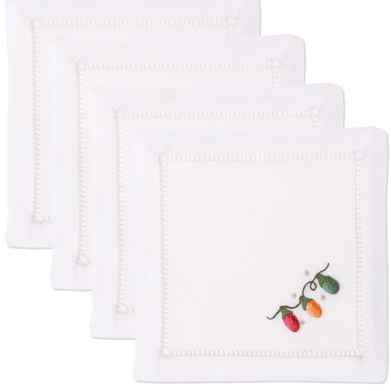 Set of 4 White Cotton Holiday Christmas Lights Cocktail Napkins