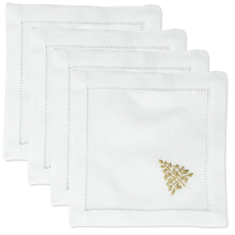 Set of 4 White Cotton Mod Tree Gold Christmas Cocktail Napkins