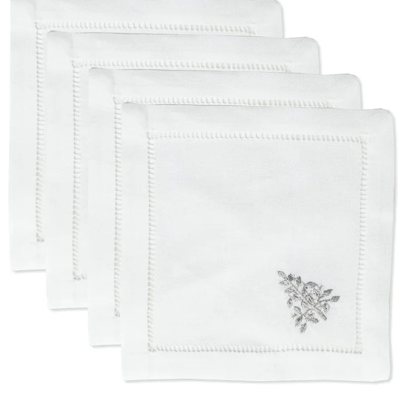 Set of 4 White Cotton Mod Tree Silver Christmas Cocktail Napkins