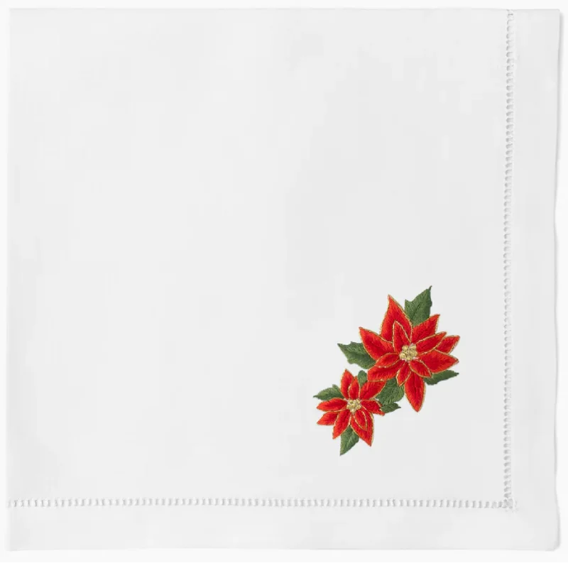 White Cotton Poinsettia Dinner Napkins