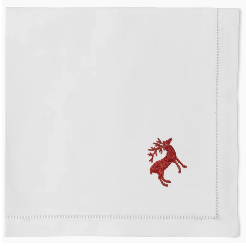 White Cotton Red Reindeer Dinner Napkins