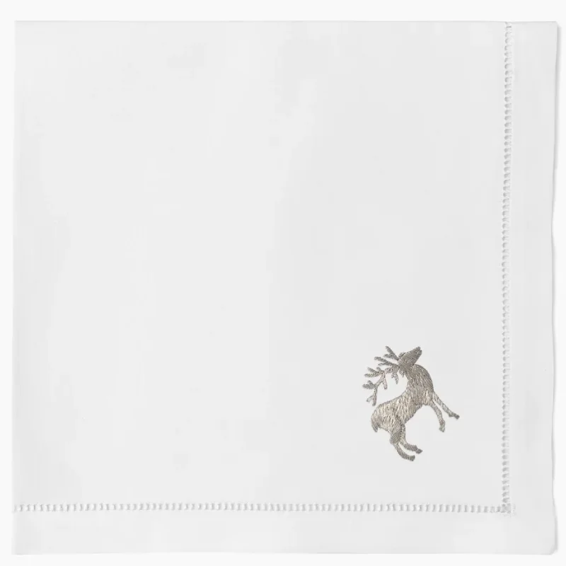 White Cotton Silver Reindeer Dinner Napkins