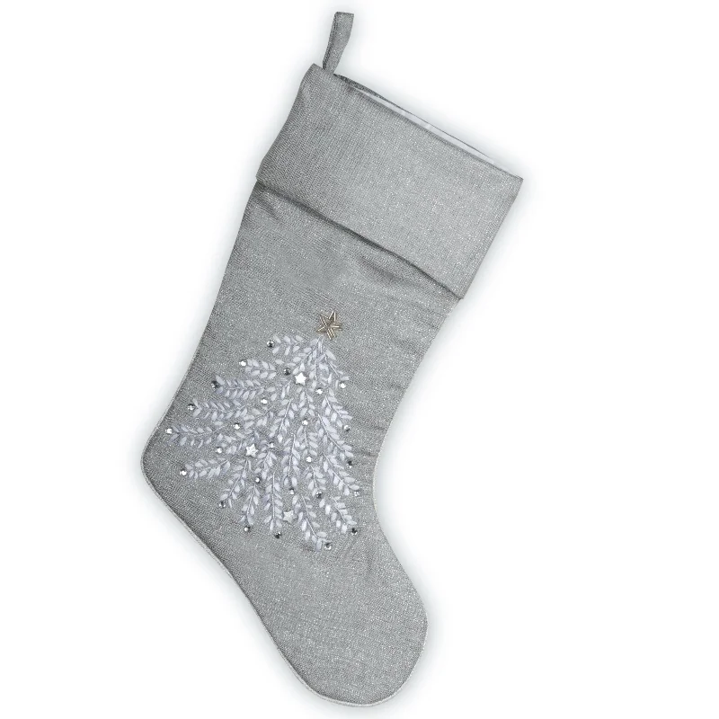 19 in. Silver Stocking with Christmas Tree Design