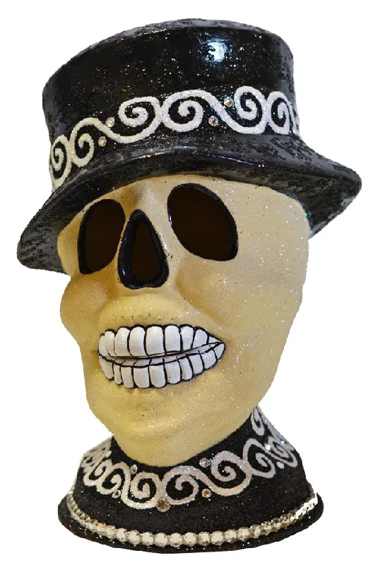 Skull Head, Cream and Black Paper Mache Candy Container by Ino Schaller