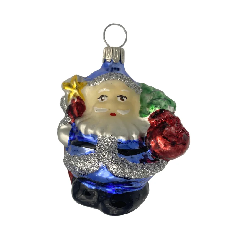 Small Blue Santa with Sack and Staff Ornament by Old German Christmas