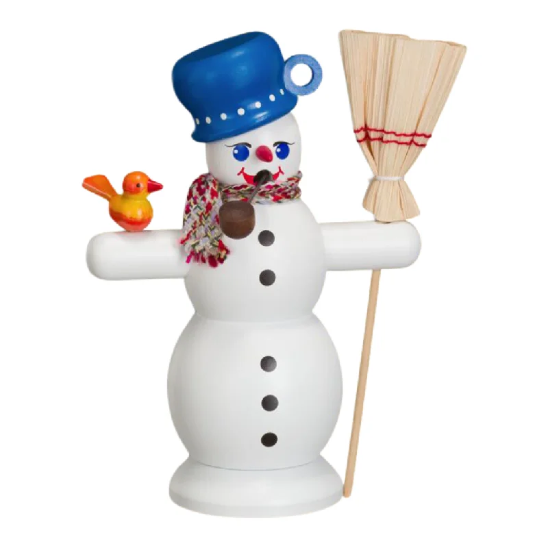 Snowman with Blue Hat Smoker by Seiffener Volkskunst