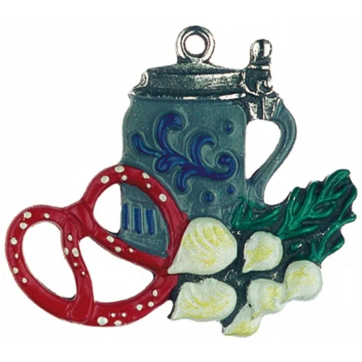 Stein, Pretzel and Radish Pewter Ornament by Kuehn Pewter, Painted on One Side