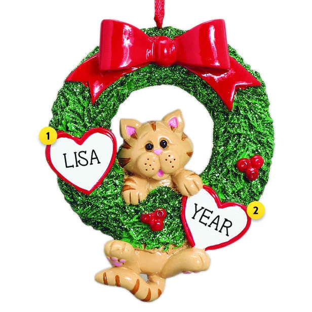 Personalized Cat Wreath Ornament - Orange Tabby