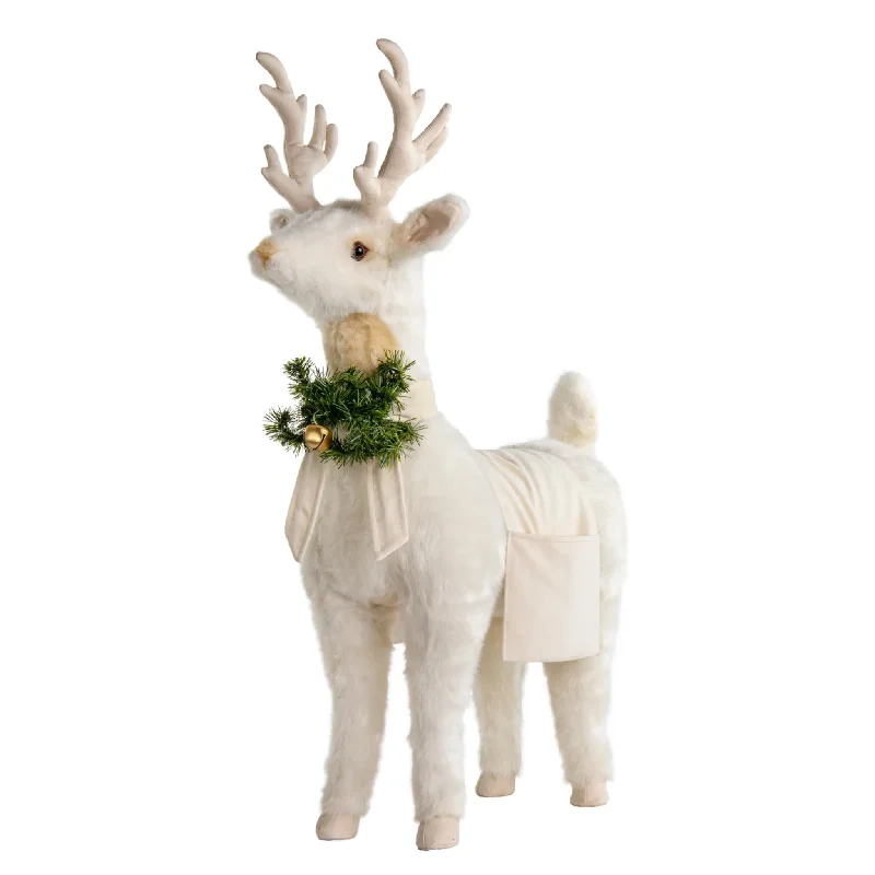 White Reindeer Footrest With Ivory Trim Christmas Decor