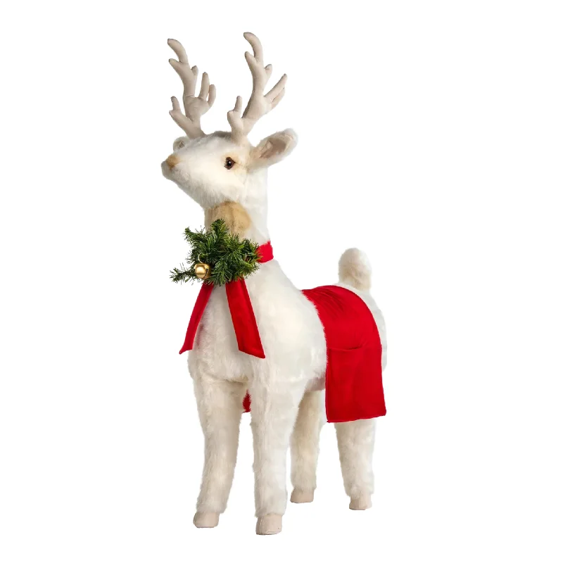 White Reindeer Footrest With Bright Red Trim Christmas Decor