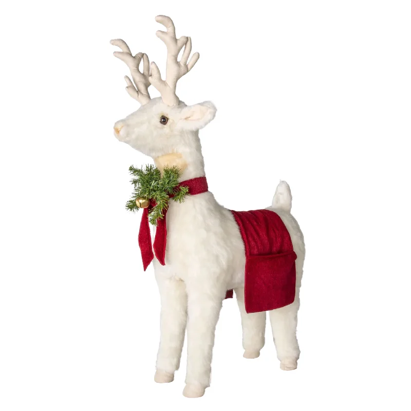 White Reindeer Footrest With Vintage Red Trim Christmas Decor