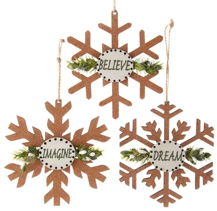 4.5" Wooden Cork Sage Snowflake with Sentiment Ornament